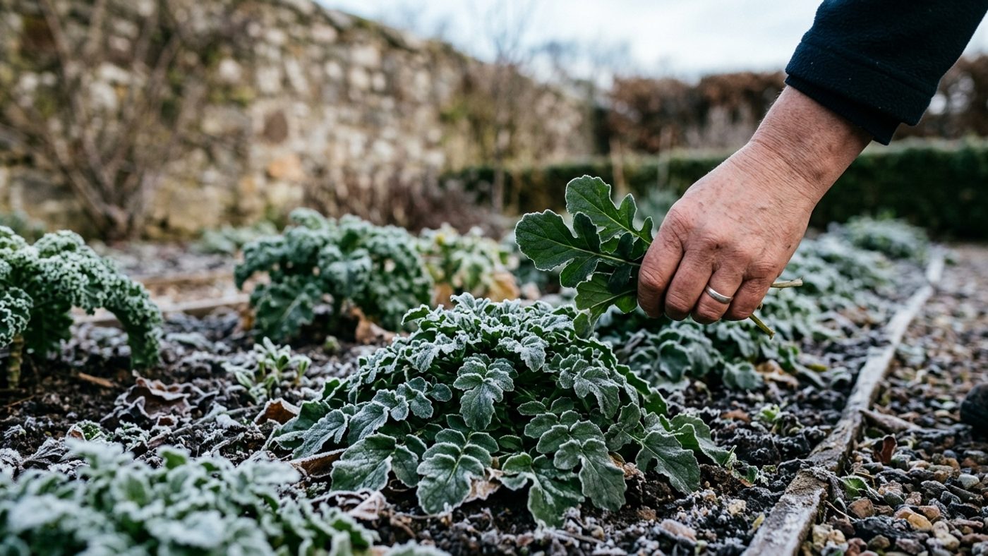 A hand picking dark green land cress leaves through a light frost, showing its hardiness through winter