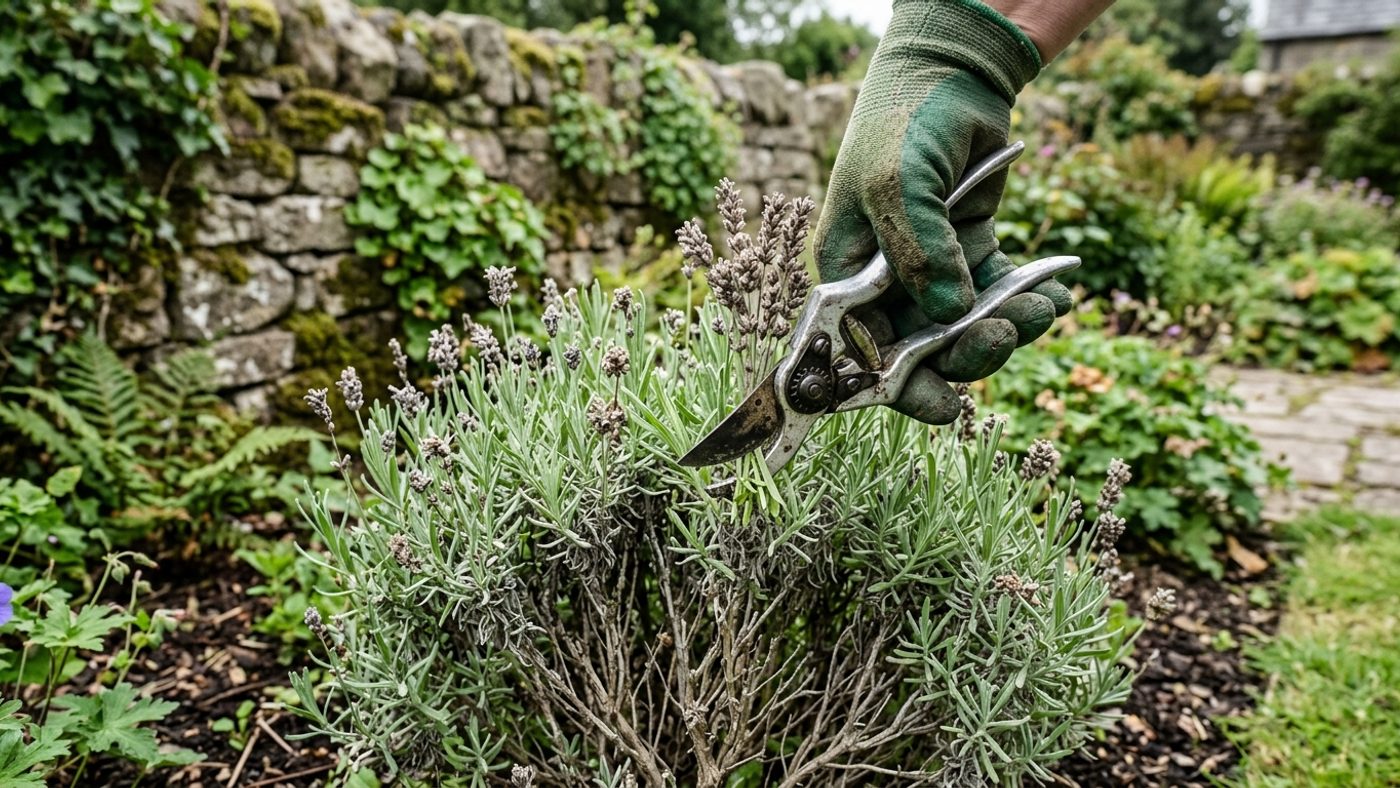 Secateurs pruning spent lavender flower stalks and a little leaf growth, avoiding the old woody stems below