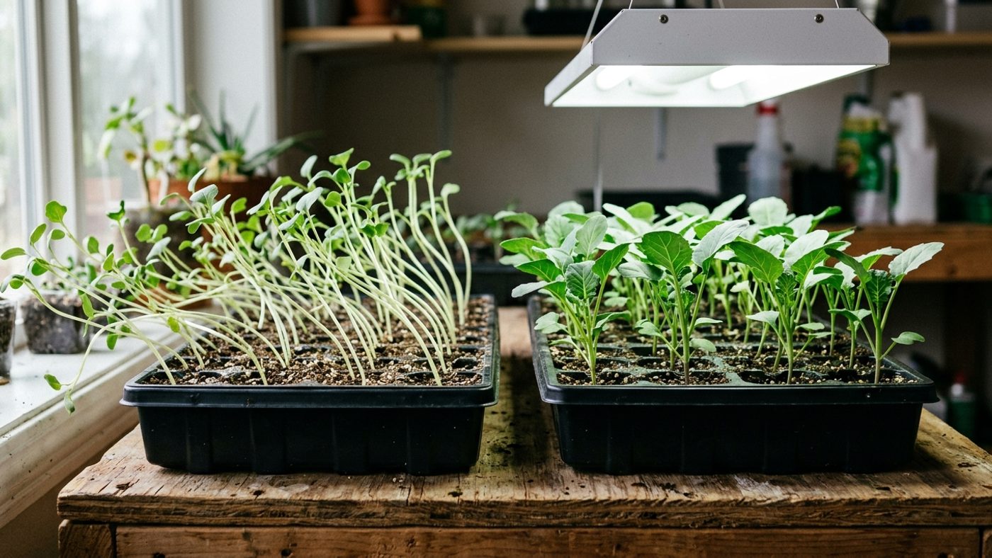 Thin, pale, leggy seedlings stretching sideways next to sturdy, compact, dark green seedlings grown under sufficient light