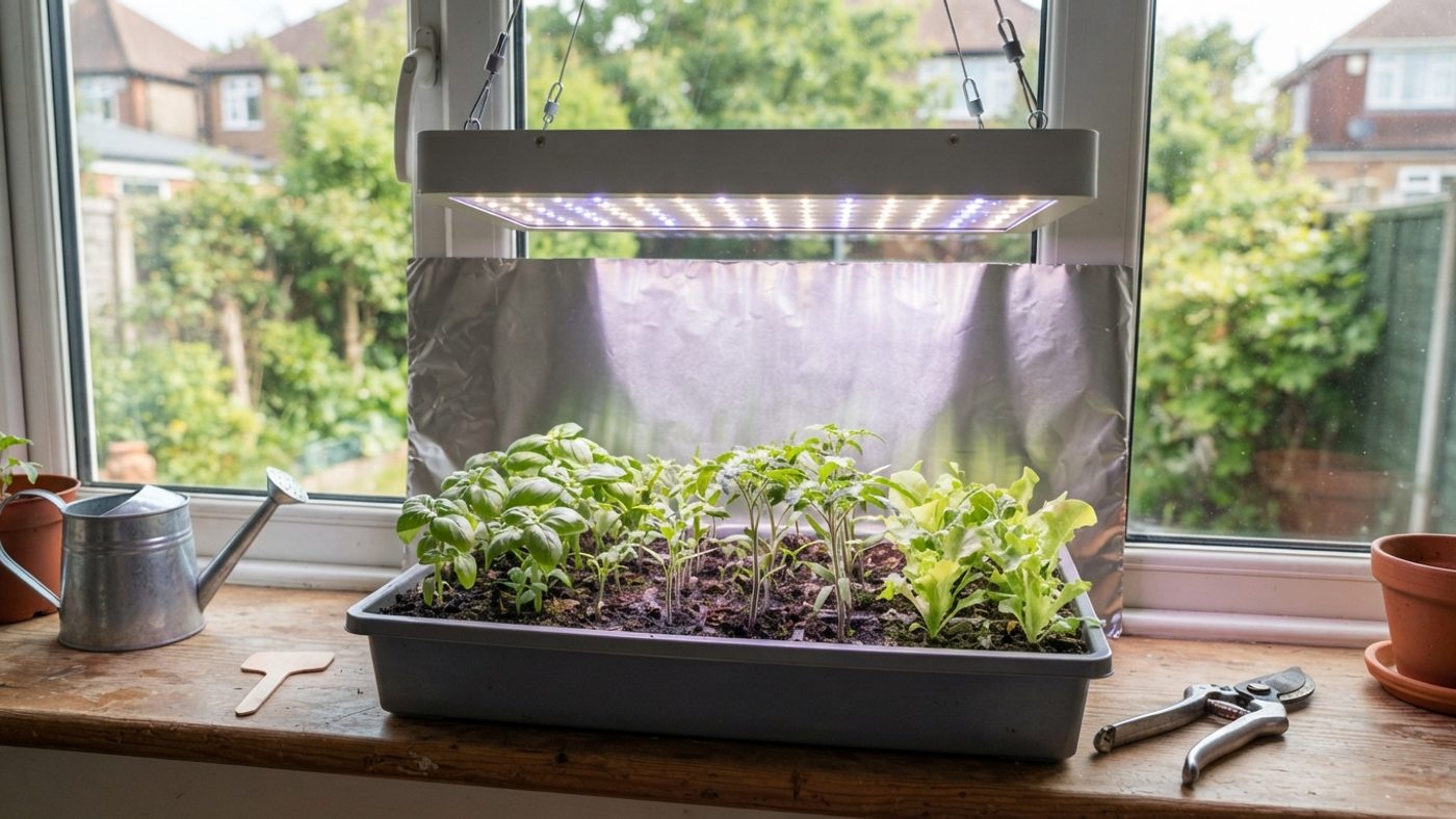 A sheet of reflective foil positioned behind a seed tray under a grow light to redirect light back onto the seedlings