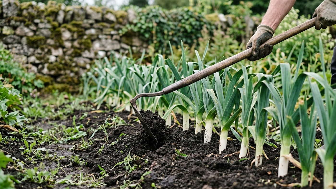 Soil being drawn up around leek stems with a hoe to lengthen the white shank