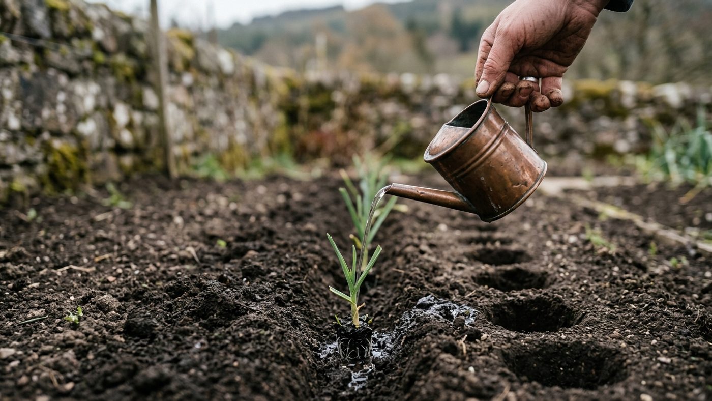 A leek seedling dropped into a deep dibber hole, being filled with water instead of soil