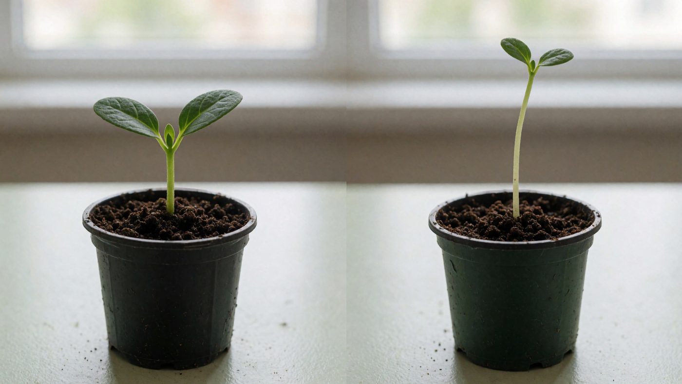 Two seedlings of the same age side by side, one short and stocky and dark green, the other tall, thin, pale and leaning