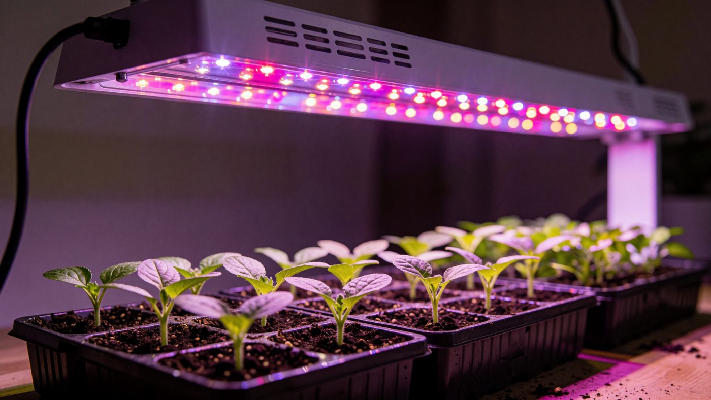 A row of seedling trays under an LED grow light mounted close above the seedling tops