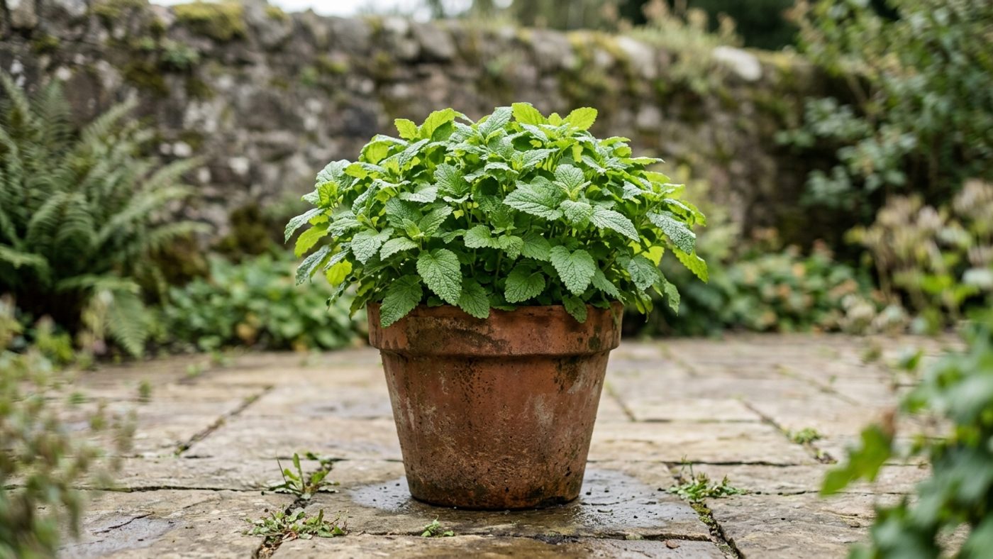 Lemon balm grown in a large container to stop it spreading invasively into the rest of the bed