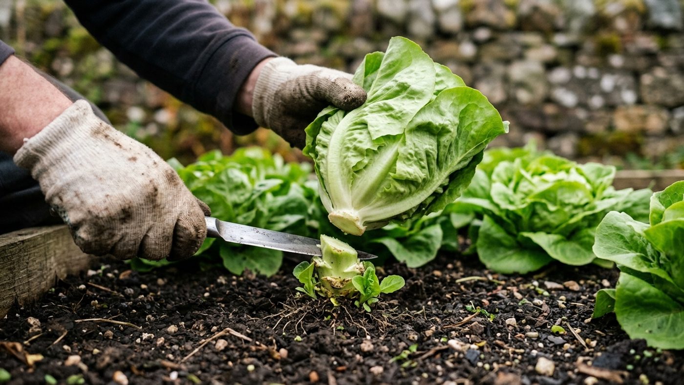 A knife cutting a hearting lettuce through the stem, leaving a short stump about 2.5cm tall in the ground
