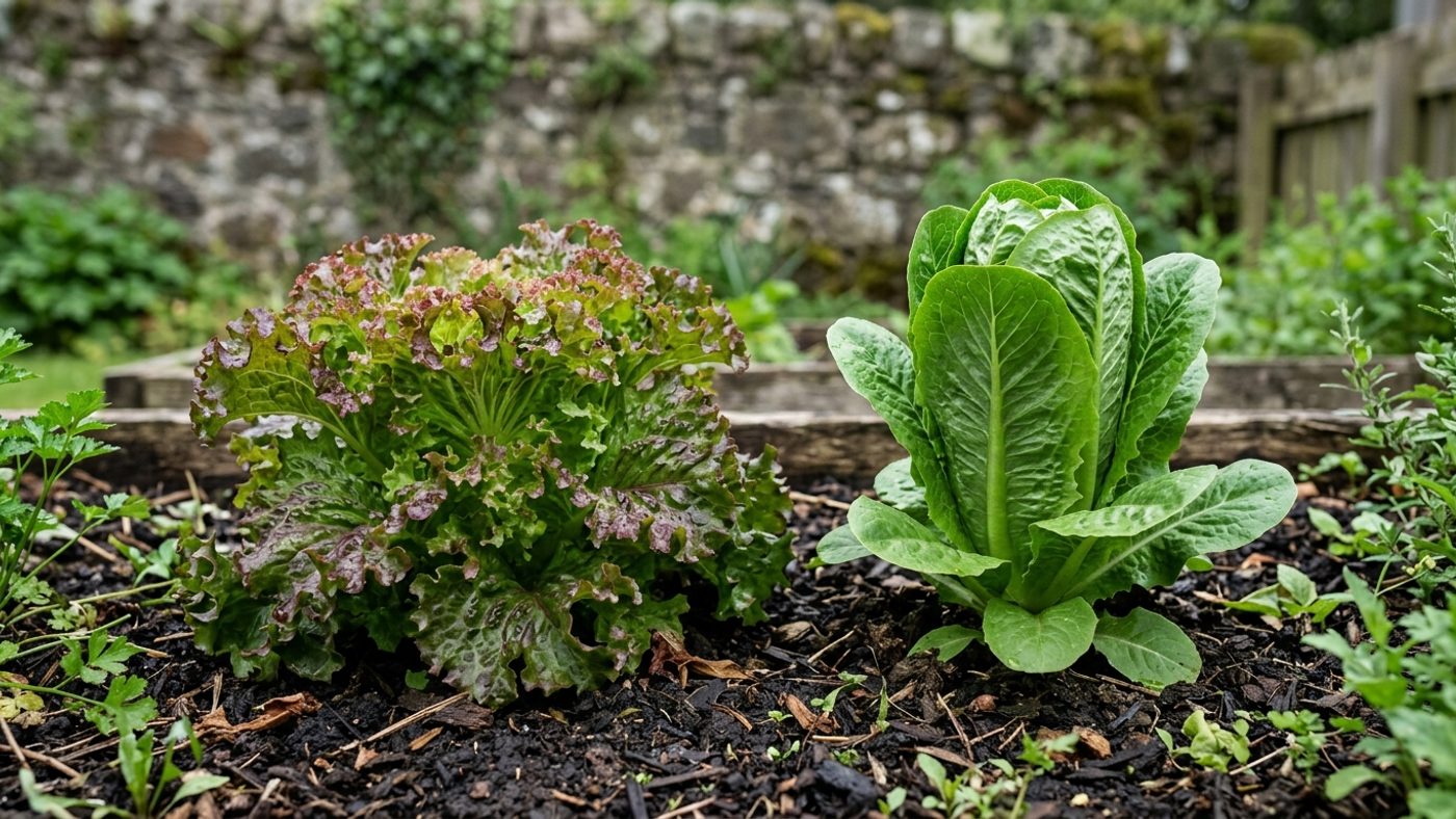 A loose-leaf lettuce with open, spreading leaves next to a hearting lettuce with a dense, tightly folded head