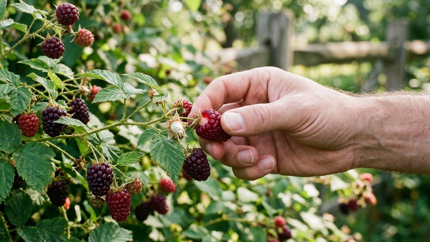 A bare hand gently pulling a ripe deep red loganberry away from its pale central core