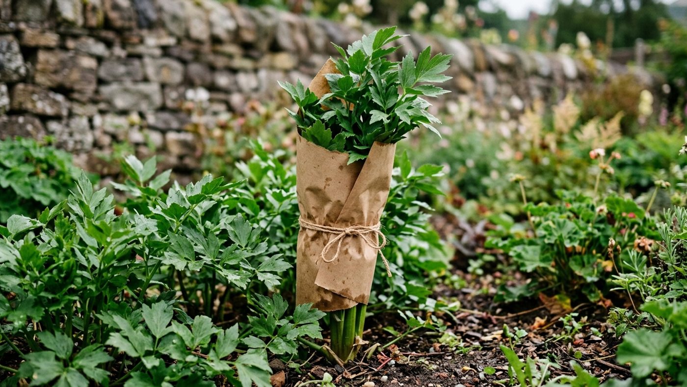 A paper sleeve wrapped around a lovage stem about 30cm tall to blanch it, with the top left exposed