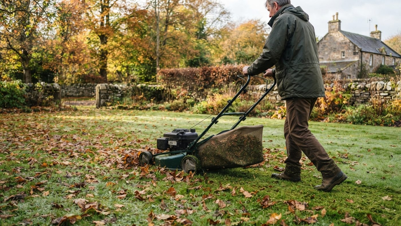 A rotary mower collecting and shredding fallen leaves on a lawn, mixing in a share of grass clippings