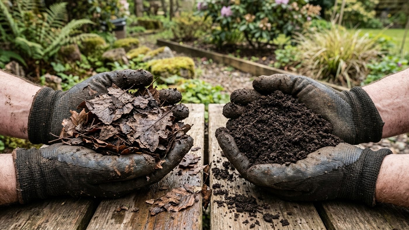 Young leaf mould with visible crumbling leaf shapes next to dark, fine, well-rotted two-year leaf mould with no leaf shapes left