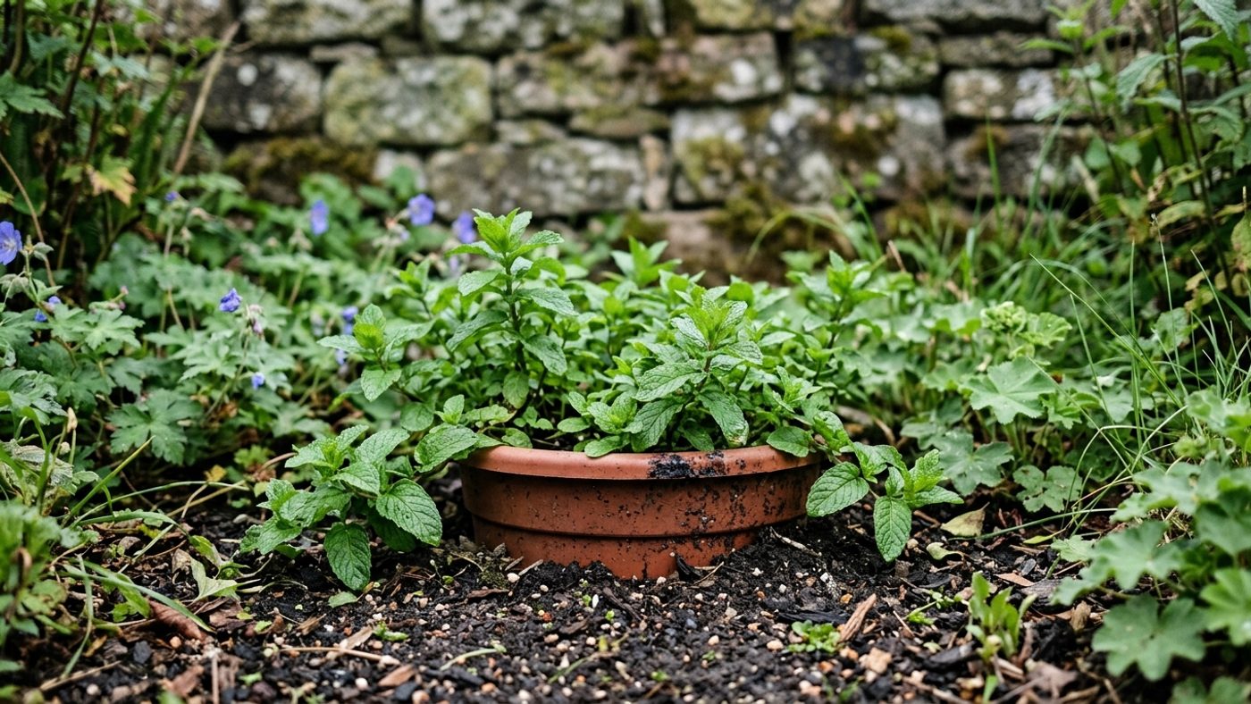 A plastic pot of mint sunk into a garden bed with its rim standing about 4cm proud of the soil surface to contain the runners