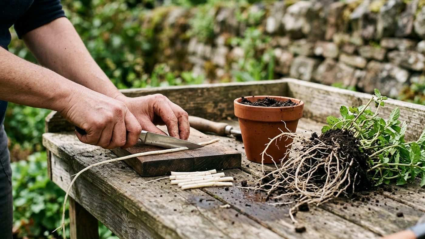 A hand cutting a pale mint runner root into short lengths ready to push into compost