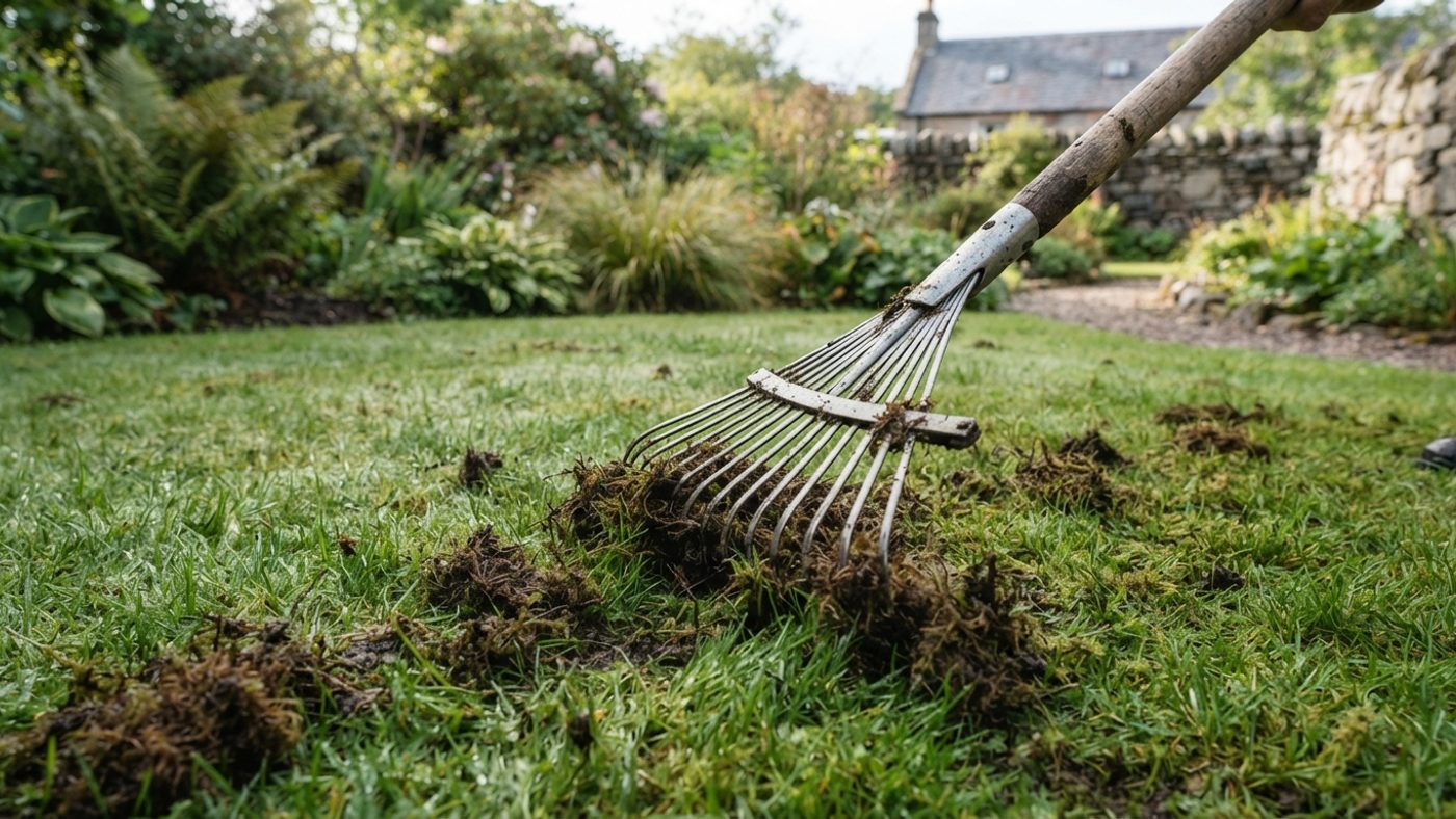 A spring-tined rake pulling dead moss out of a lawn, leaving loose moss debris on the grass surface