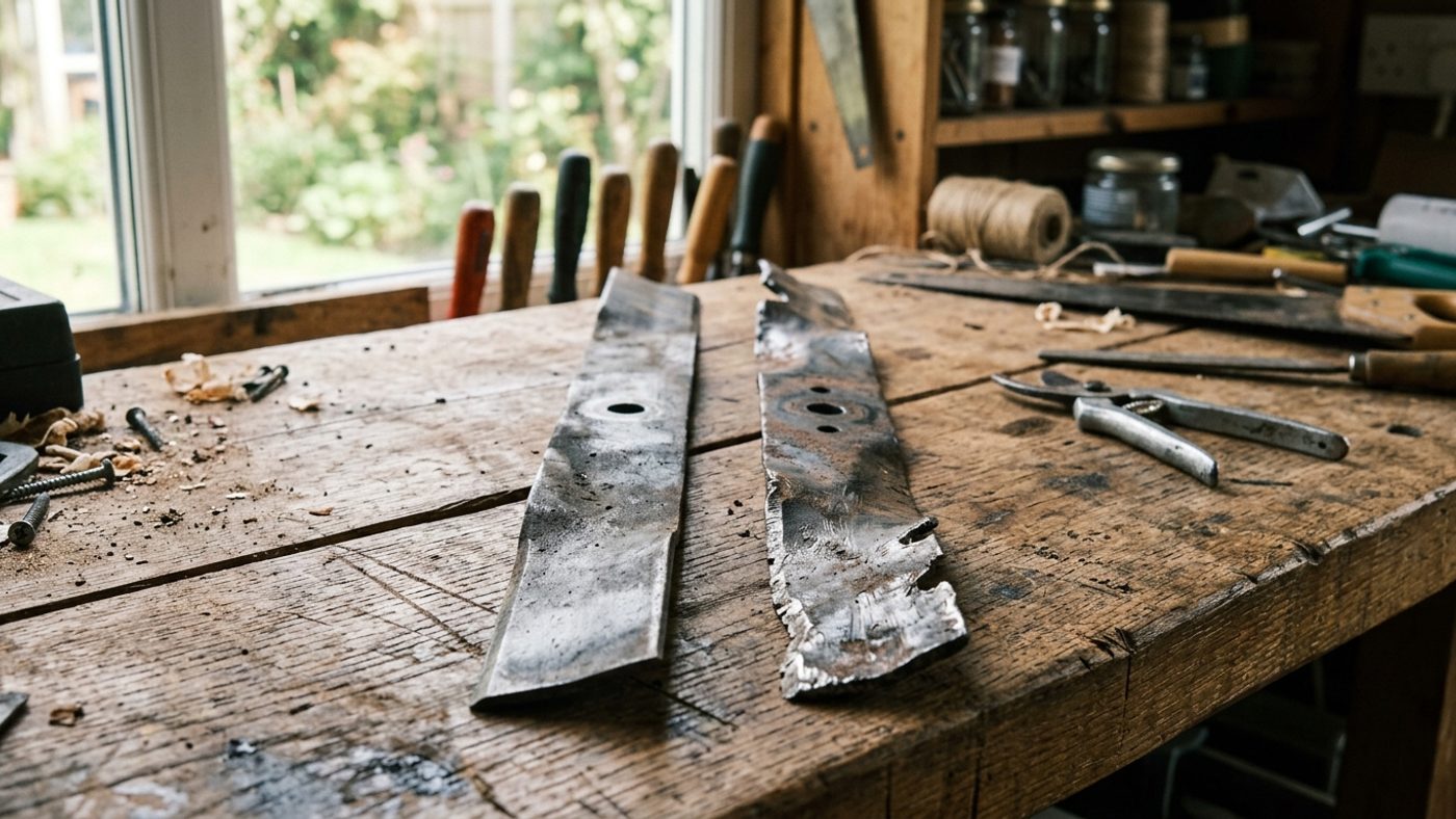 A straight mower blade with a merely dull edge next to a bent, nicked and dented blade that needs replacing rather than sharpening