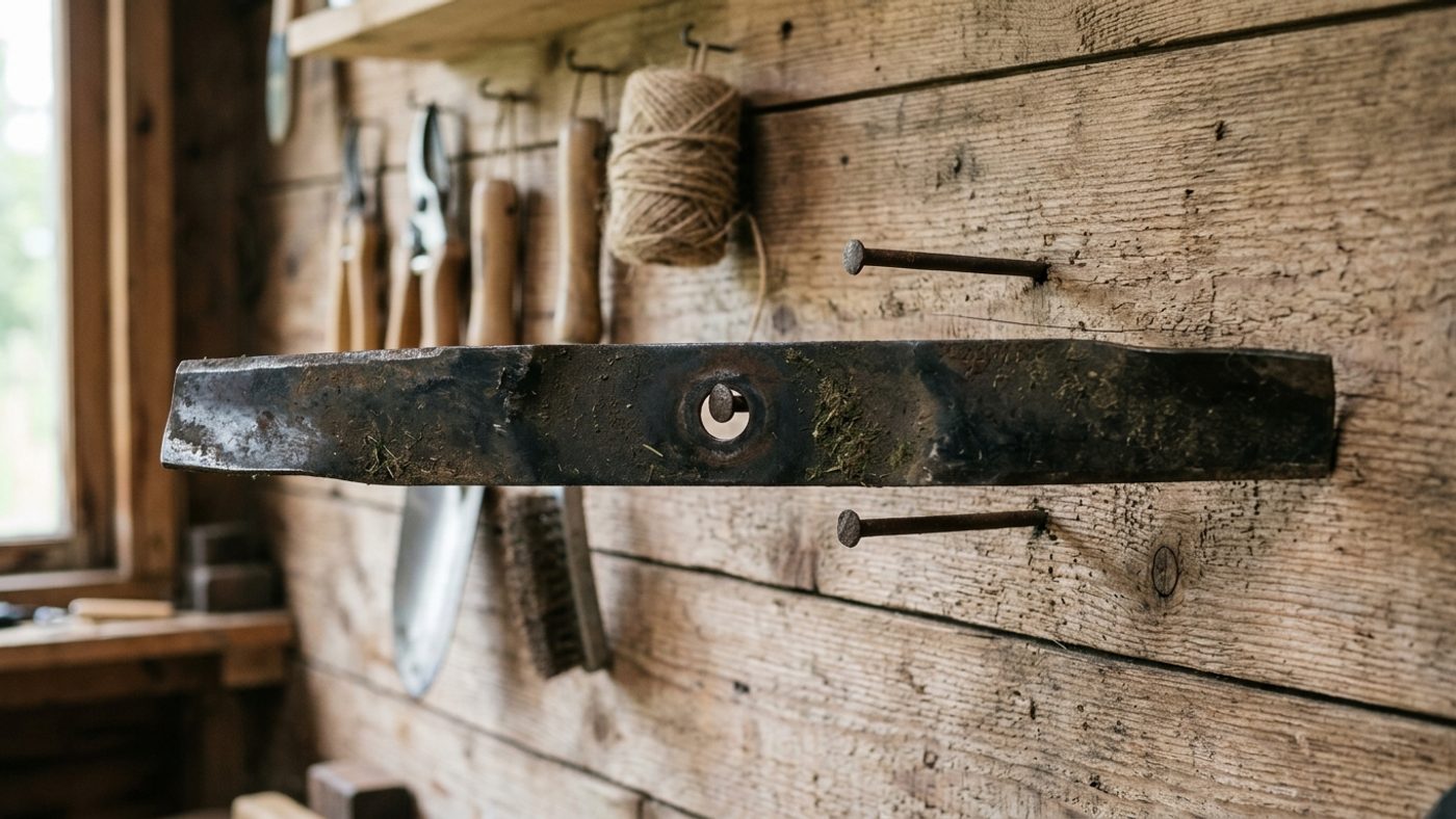 A mower blade hanging level on a nail through its centre hole to check whether it is balanced