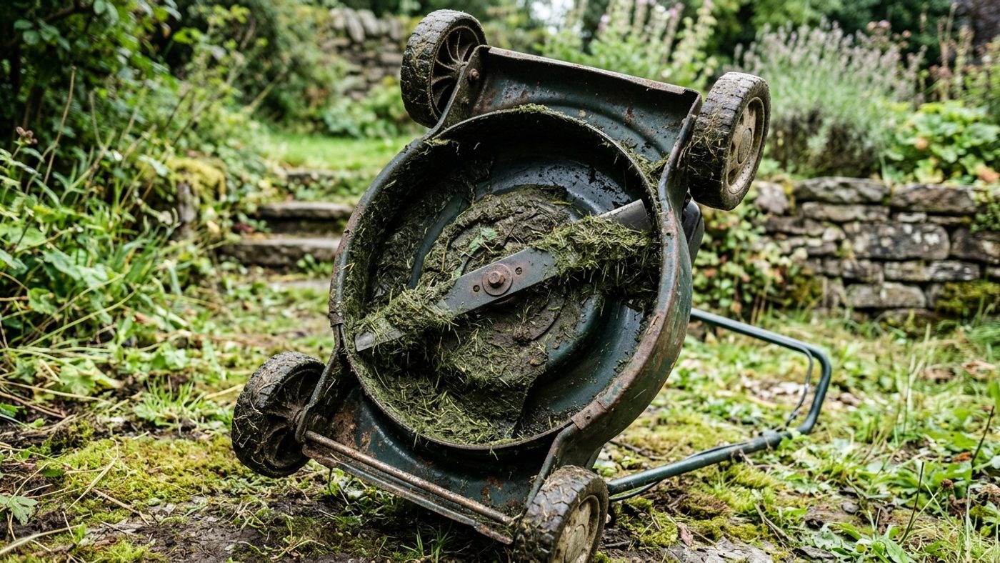 The underside of a mower deck clogged with wet, sticky grass clippings packed around the blade