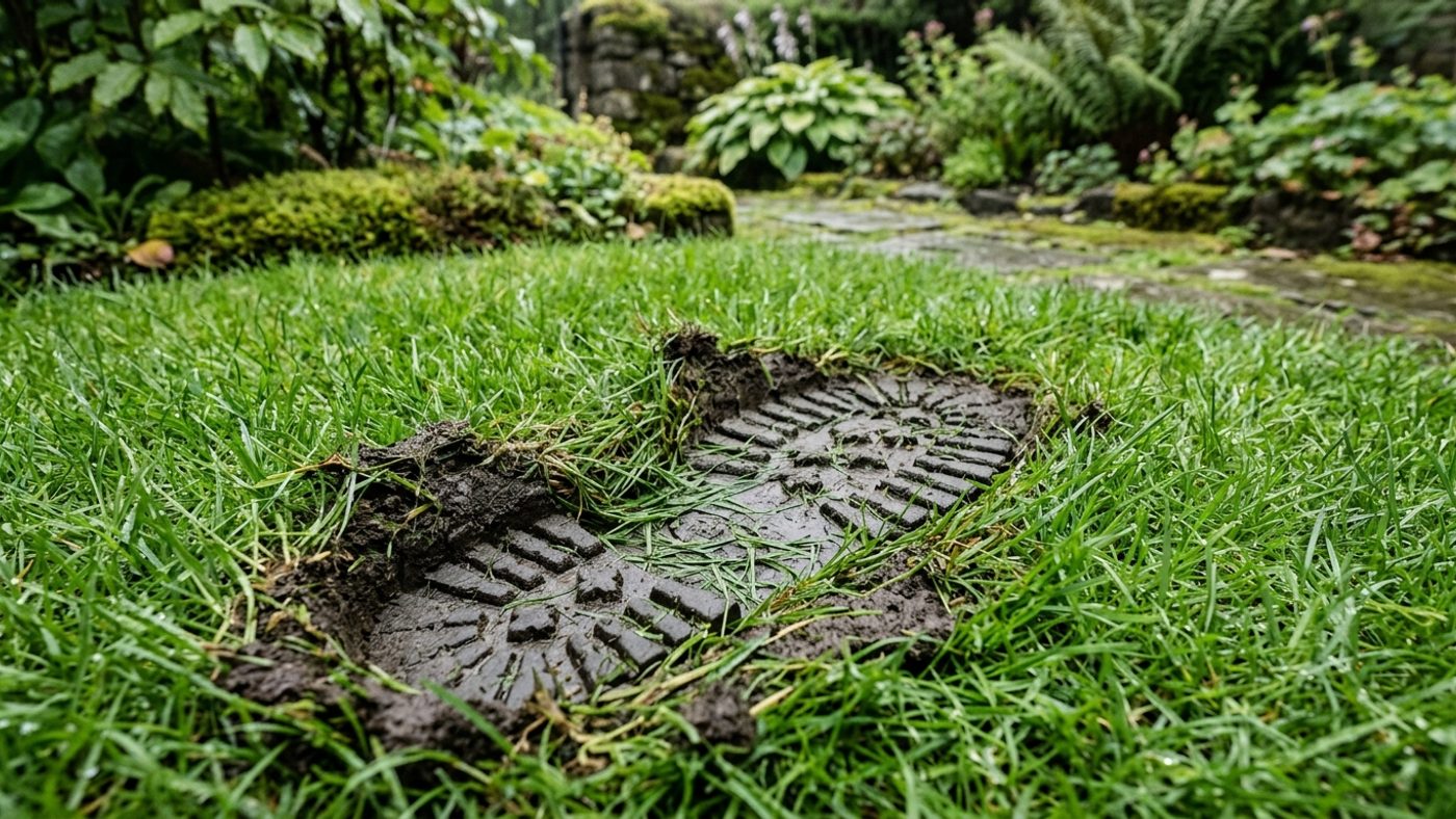 A footprint pressed into wet lawn grass, the blades staying flattened rather than springing back