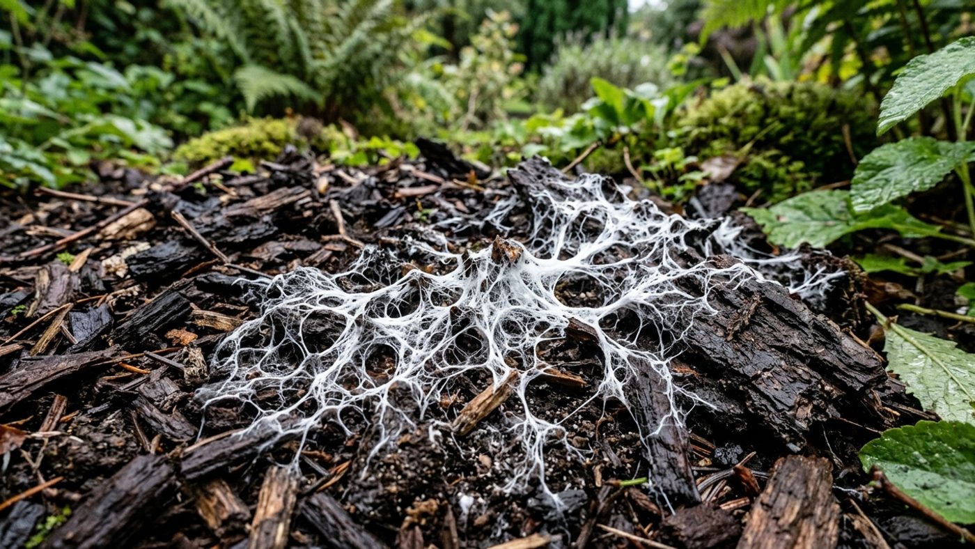 A patch of harmless white cobwebby fungus growing on the surface of organic mulch