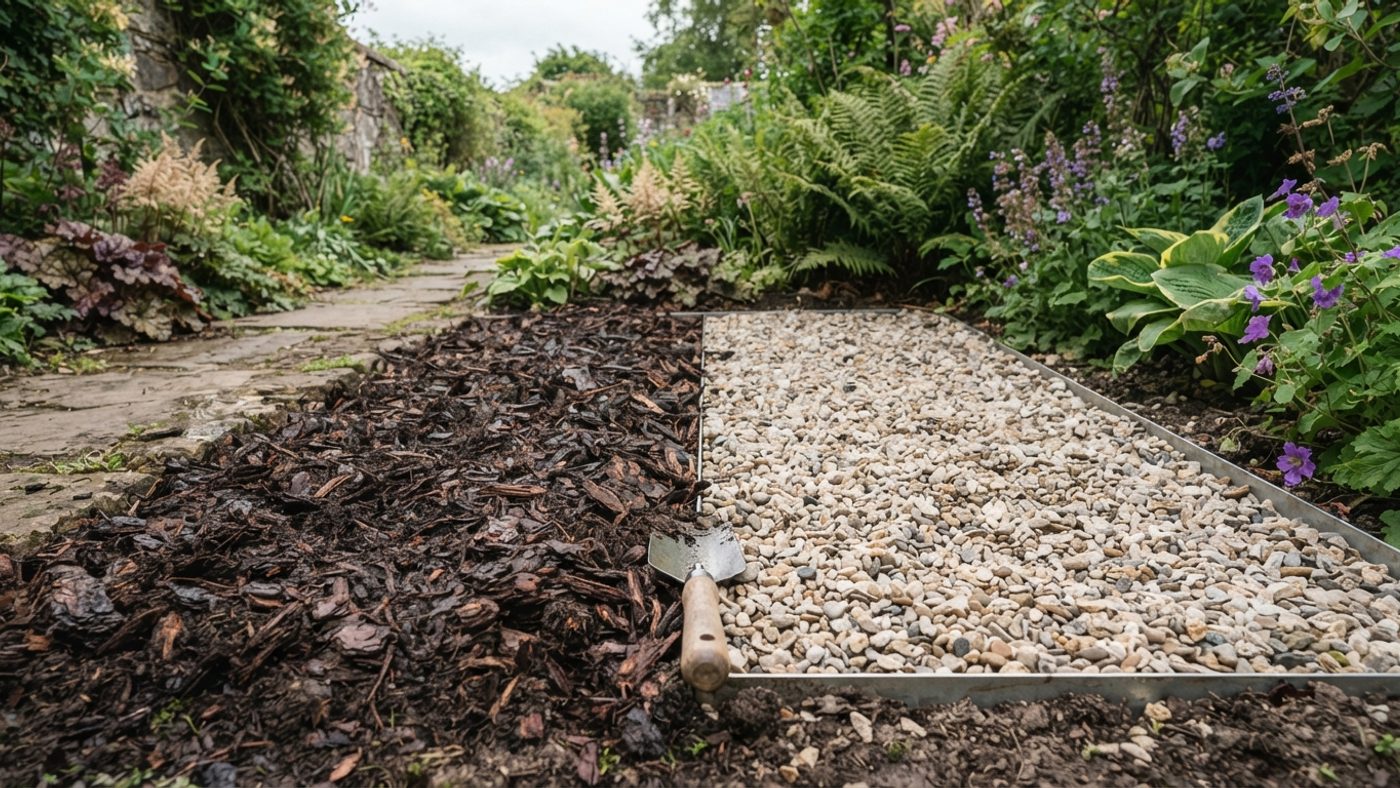 Dark organic bark and compost mulch next to pale gravel mulch, two different mulch types side by side