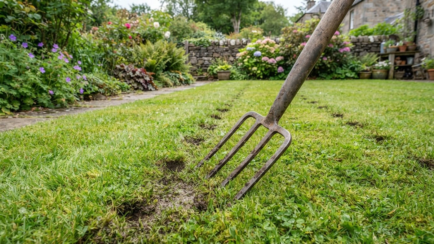 A garden fork spiking small holes into a lawn as part of aerating the turf