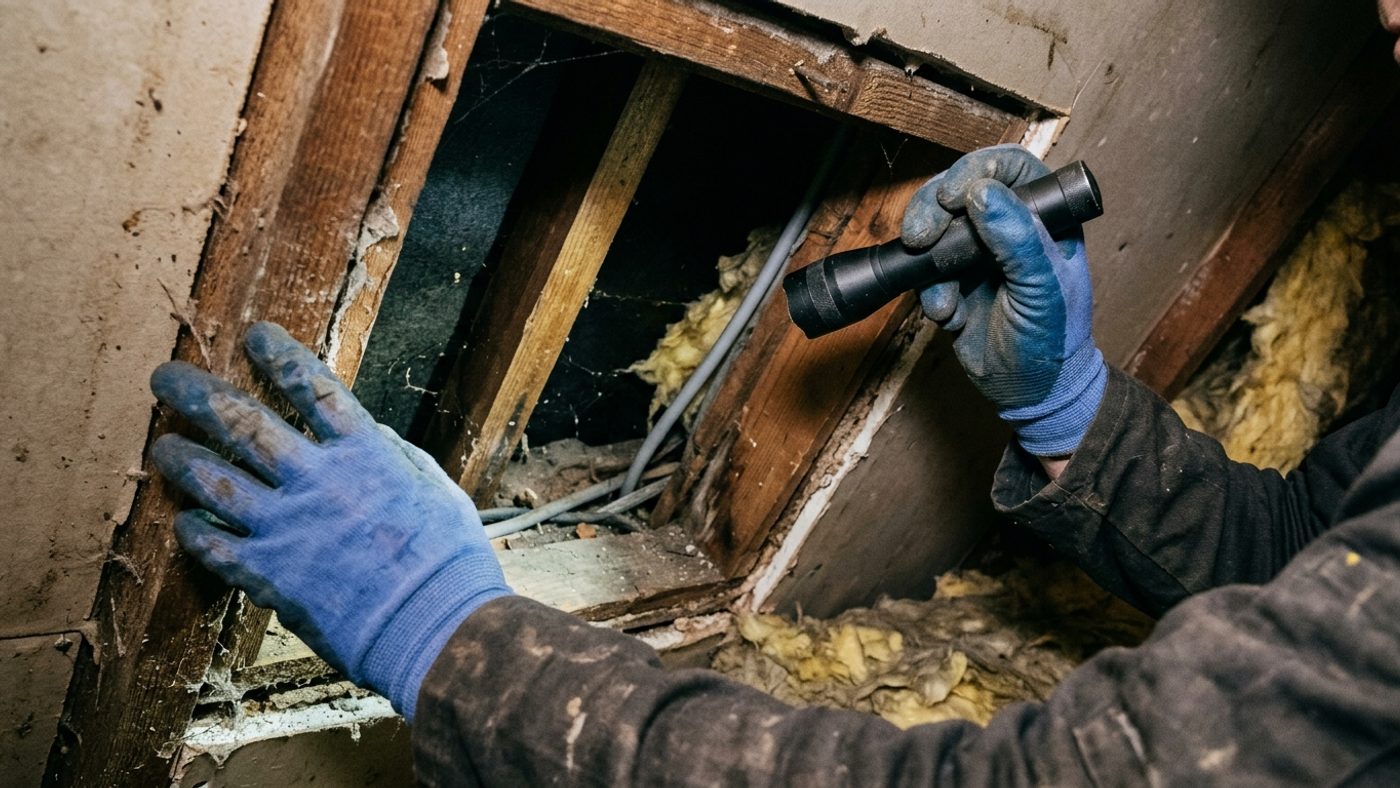 A person using a torch to inspect a roof void as part of a wildlife survey, without disturbing anything