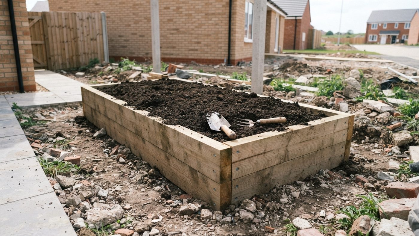 A timber raised bed built over rubble ground and filled with fresh topsoil