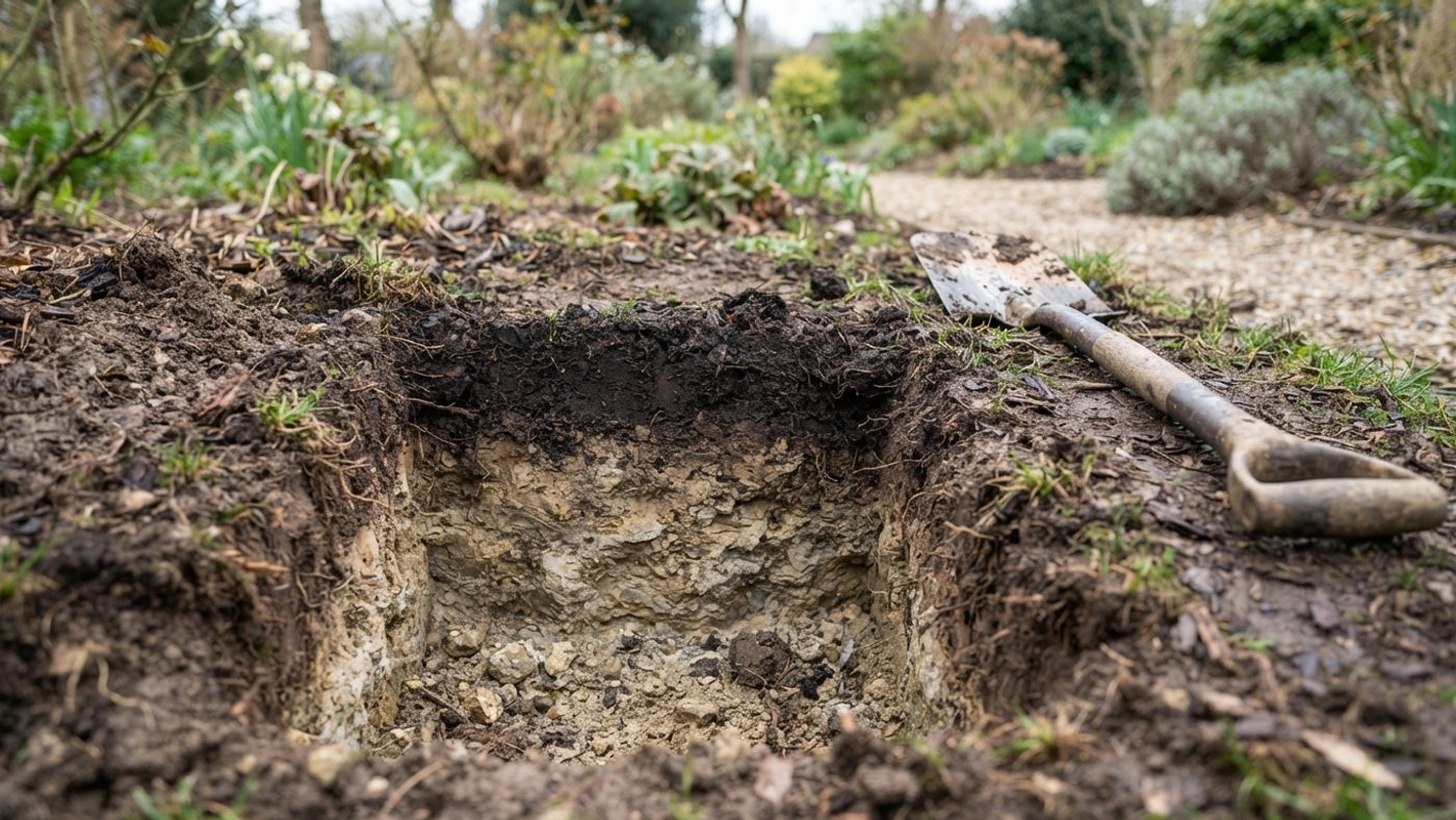 A test pit dug into a garden showing a thin layer of topsoil over dense compacted subsoil