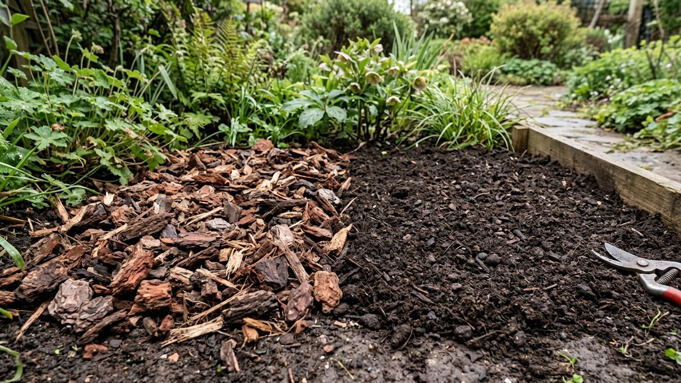 Chunky coarse bark and wood chip mulch next to smoother, darker well-rotted compost mulch