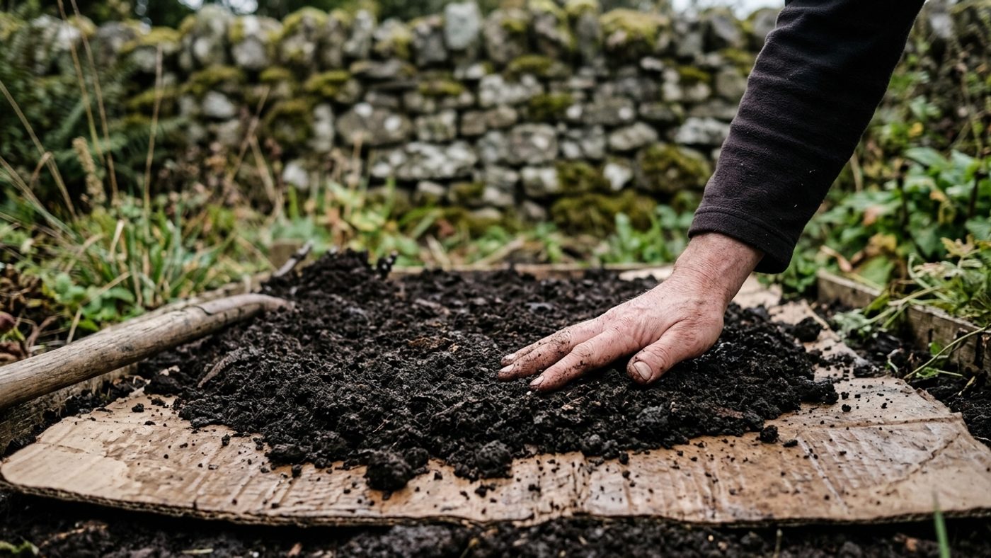 A thick layer of dark, crumbly well-rotted compost being spread and firmed down over a cardboard-covered bed