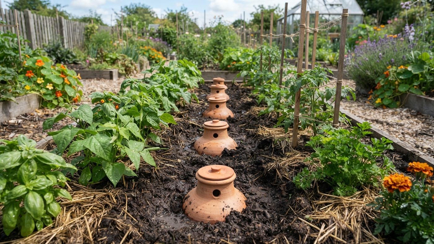 Several buried olla pots spaced evenly along a row of vegetables
