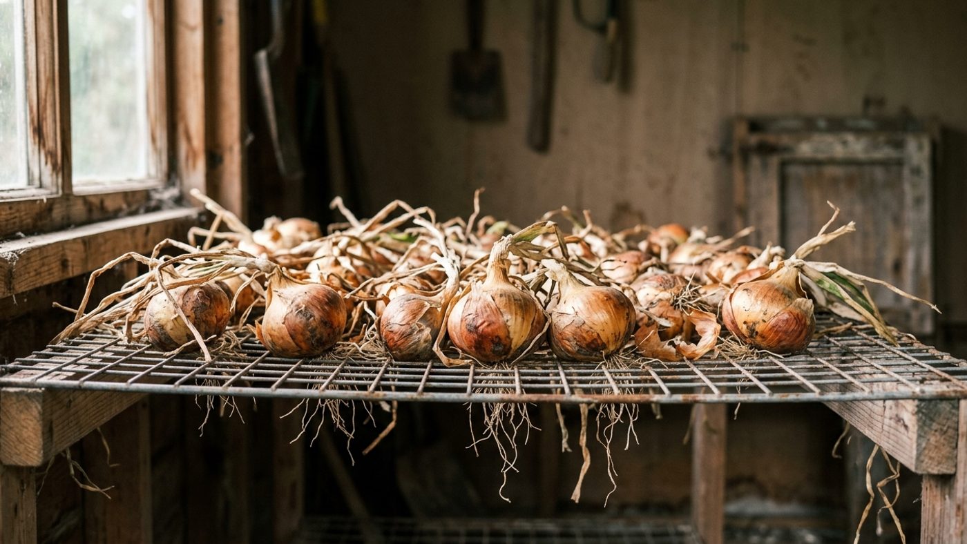 Onion bulbs with papery skins drying on a wire rack in a well-ventilated shed