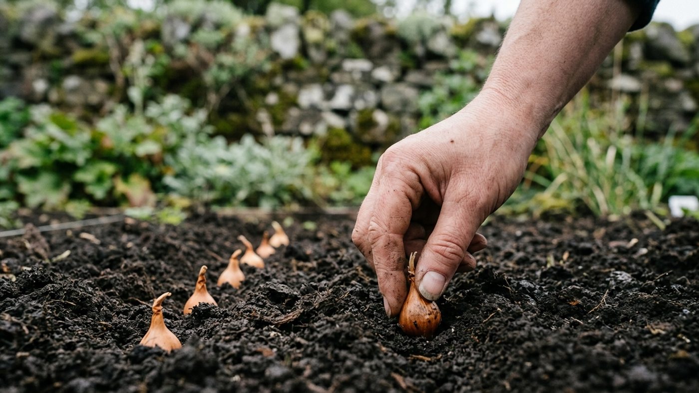 A hand pushing an onion set into the soil so just the tip shows