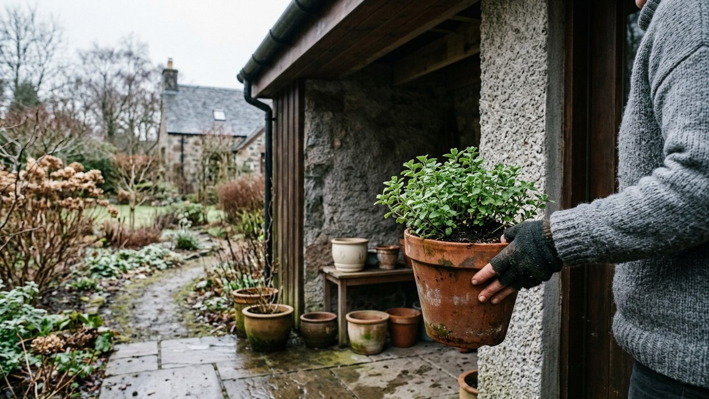 A potted oregano plant being moved to a sheltered spot against a wall for winter, out of heavy rain