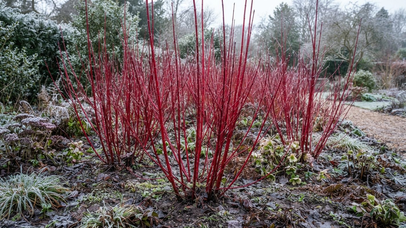 Bare red dogwood stems providing winter colour in a damp border