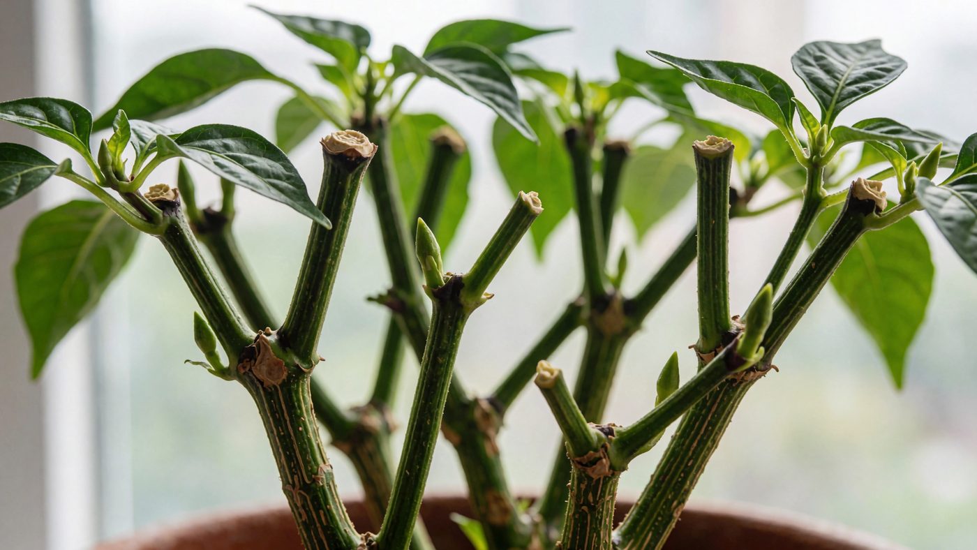 The pruned stems of a chilli plant cut back to a short framework, with small leaf buds and healthy leaves left on each stem