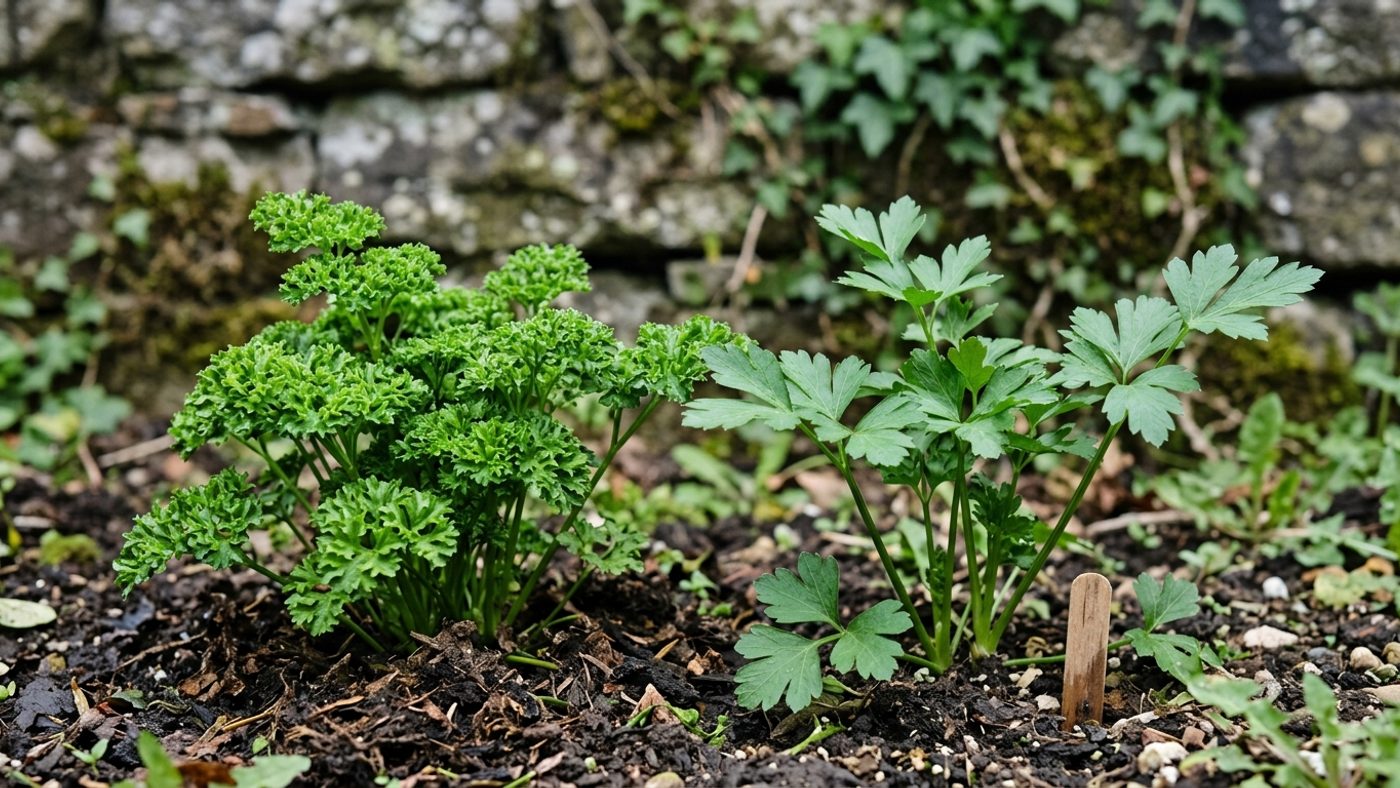 A curly parsley plant with tightly ruffled leaves next to a flat-leaf parsley plant with broad flat serrated leaves