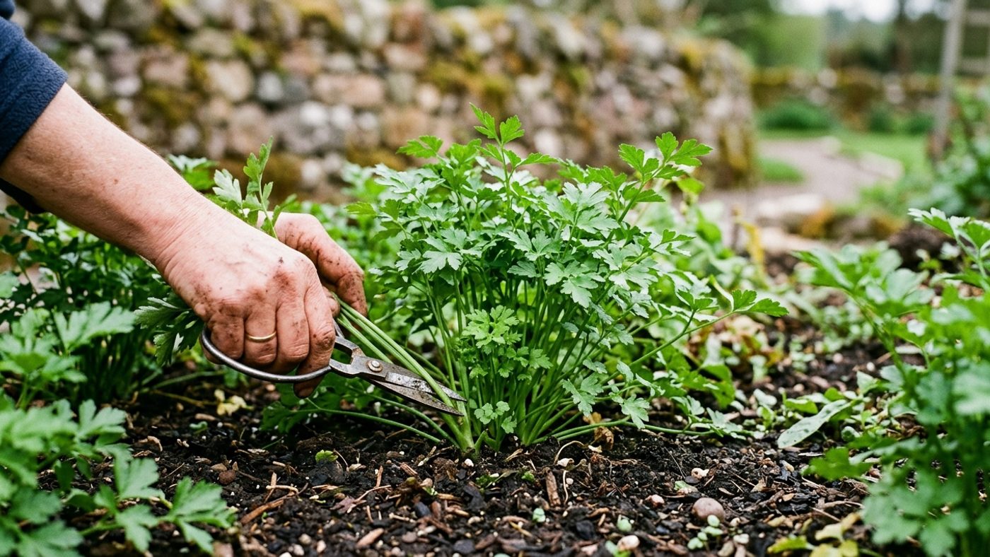 A hand cutting a few outer parsley leaves close to the base, leaving the central growing point intact