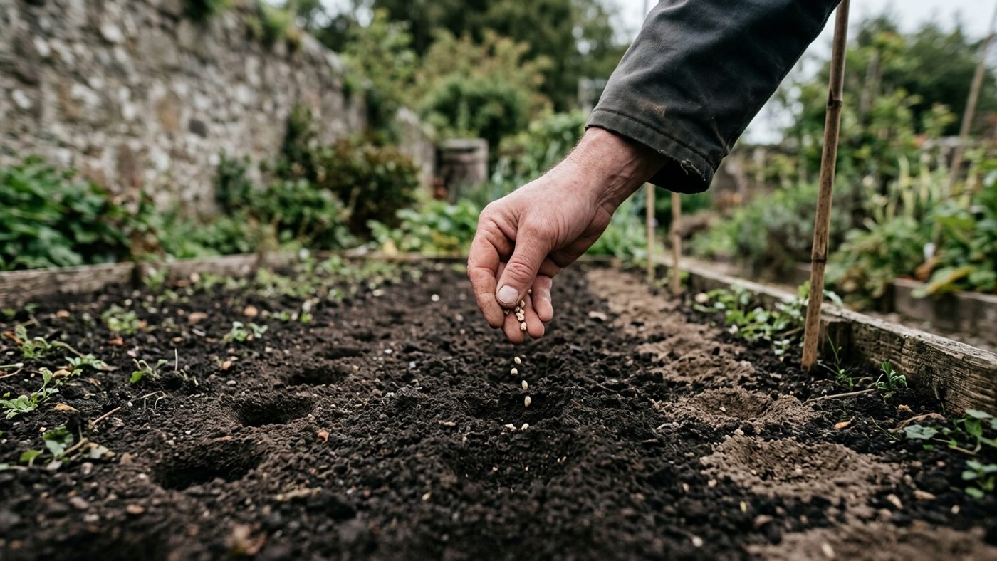 A hand dropping three parsnip seeds into a small sowing station in the soil, with more stations spaced evenly along the row
