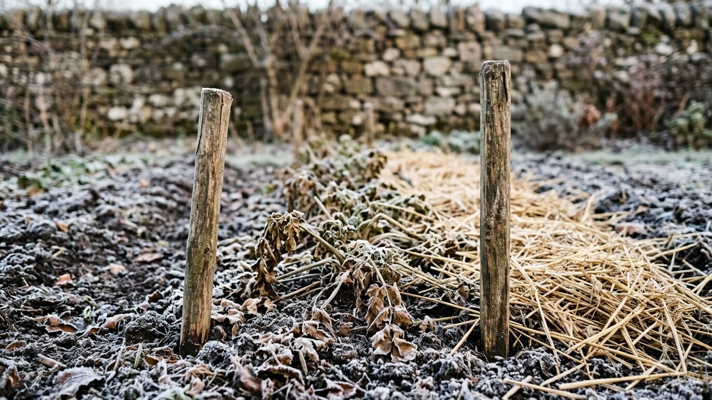 Garden canes marking the ends of a parsnip row, with a light frost on the ground and straw laid along the row as insulation