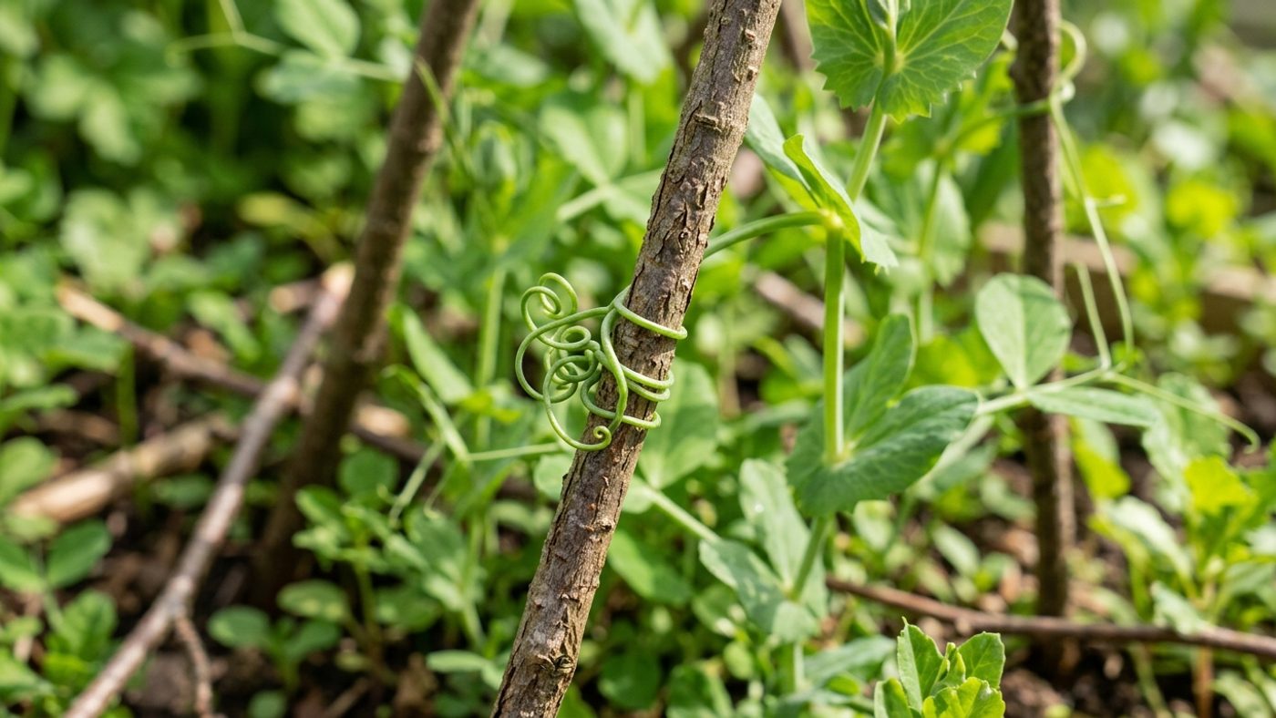 A thin curling pea tendril wrapped tightly around a fine twig