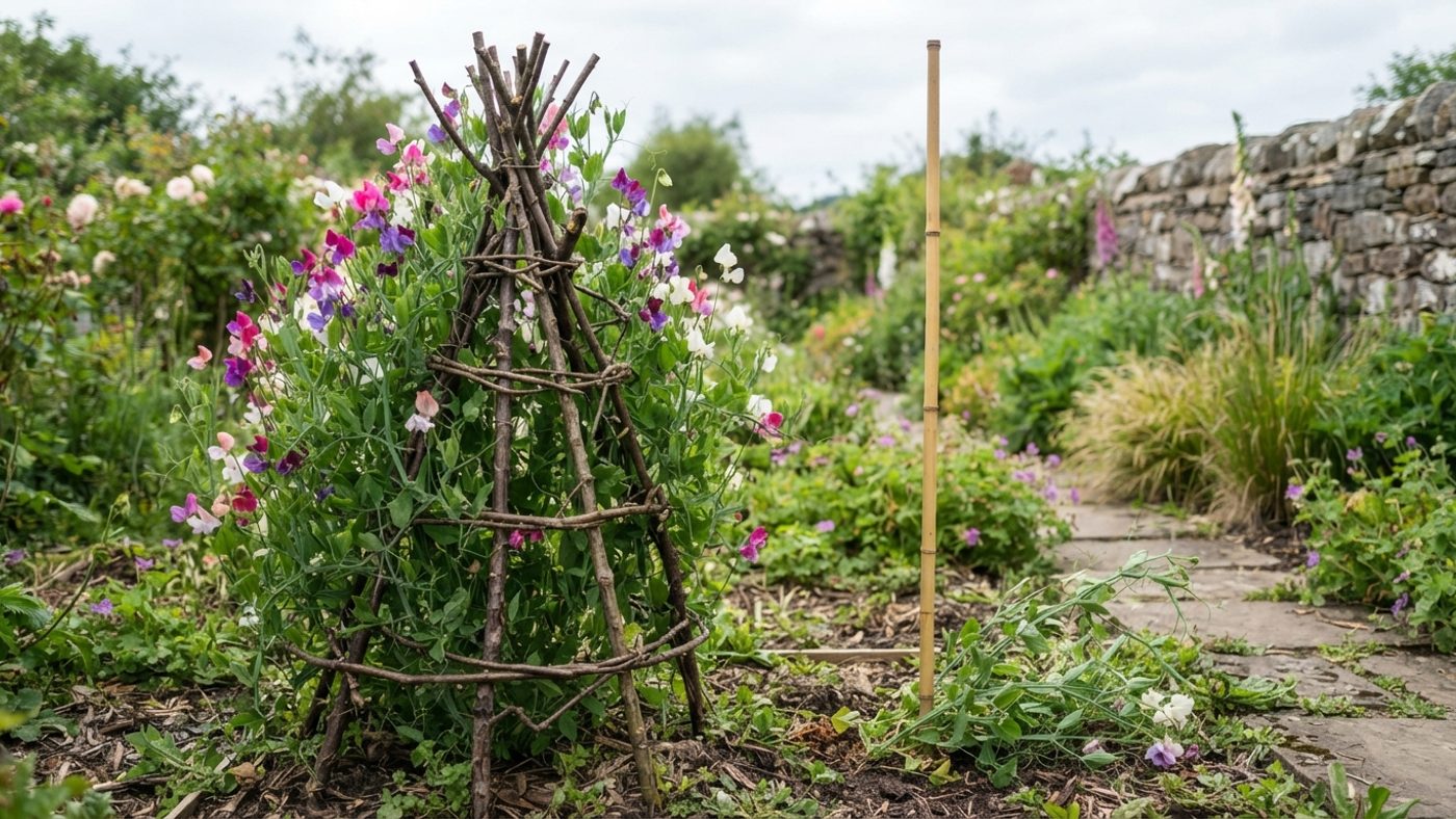 Sweet pea plants climbing thickly up a twiggy branch support next to a bare smooth cane with no plant growth on it