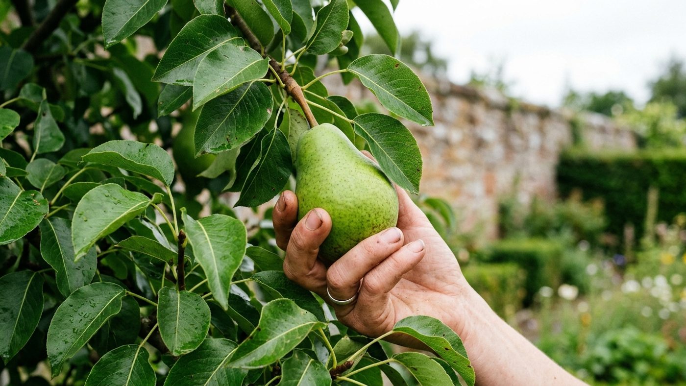 A hand picking a still-firm, unripe pear from the tree, unlike apples which are left to ripen fully before picking