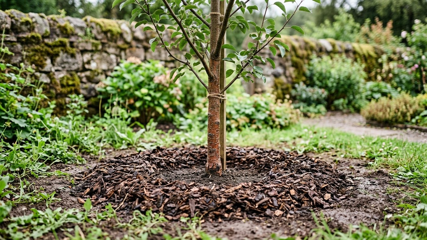 A ring of mulch spread around a pear tree with a small bare circle left clear around the trunk to prevent rot