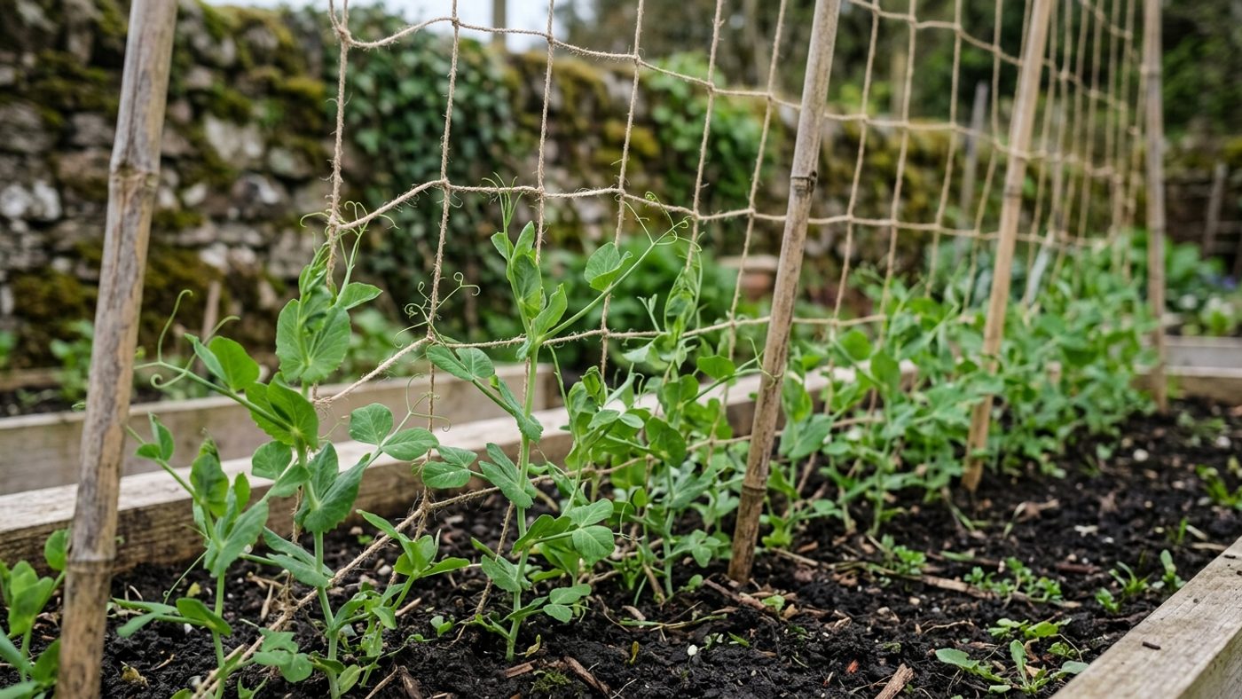 Young pea plants with curling tendrils climbing pea netting strung between canes