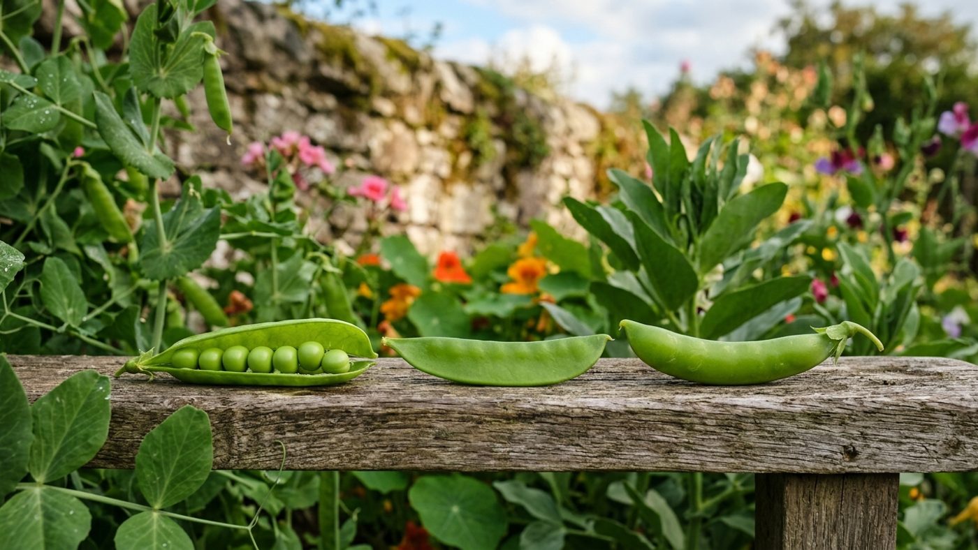 Three types of pea pod side by side: a shelling pea pod split open showing peas, a flat mangetout pod, and a plump sugarsnap pod