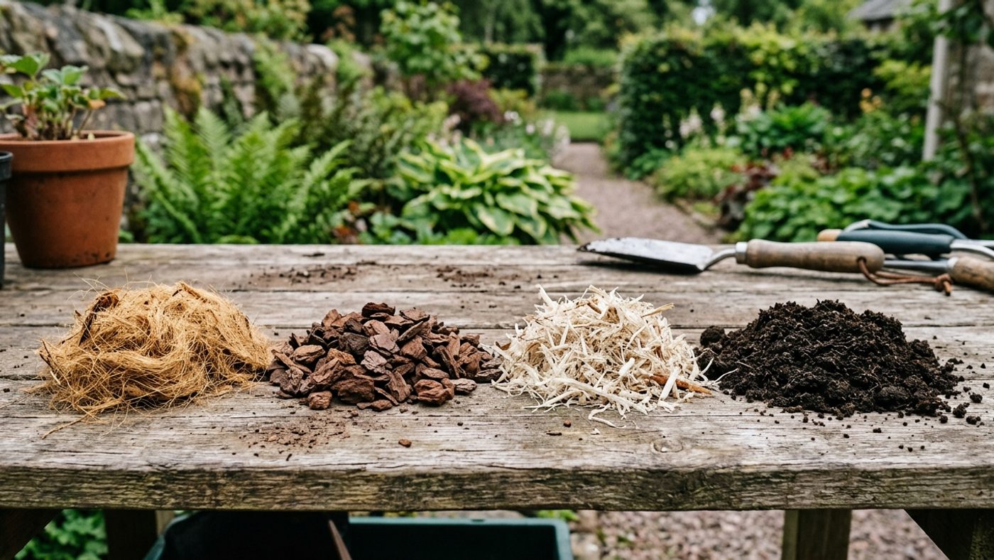 Four different peat-free compost ingredients shown as separate piles side by side: coir, composted bark, wood fibre, and green compost