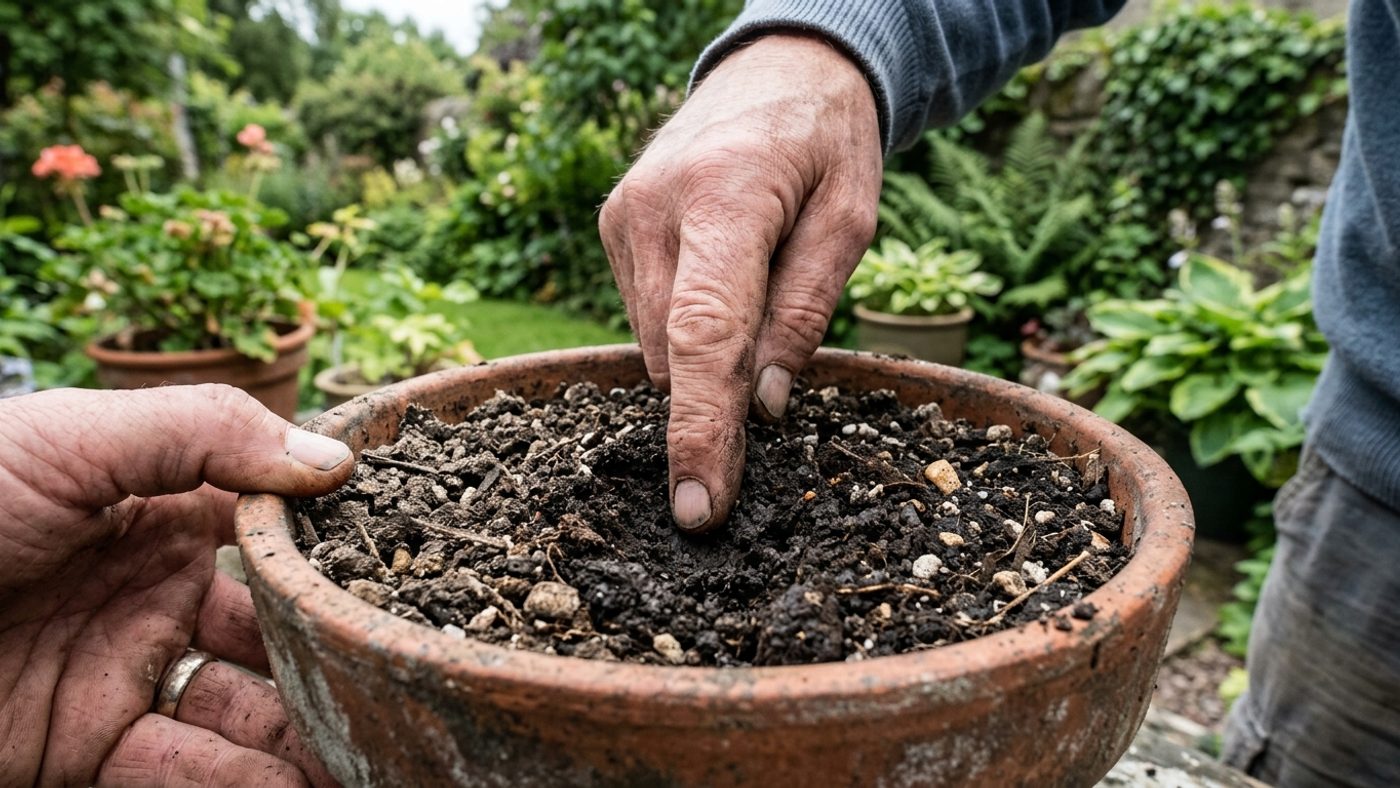 A finger pressed into the surface of potting compost in a pot, checking moisture just below a dry-looking surface
