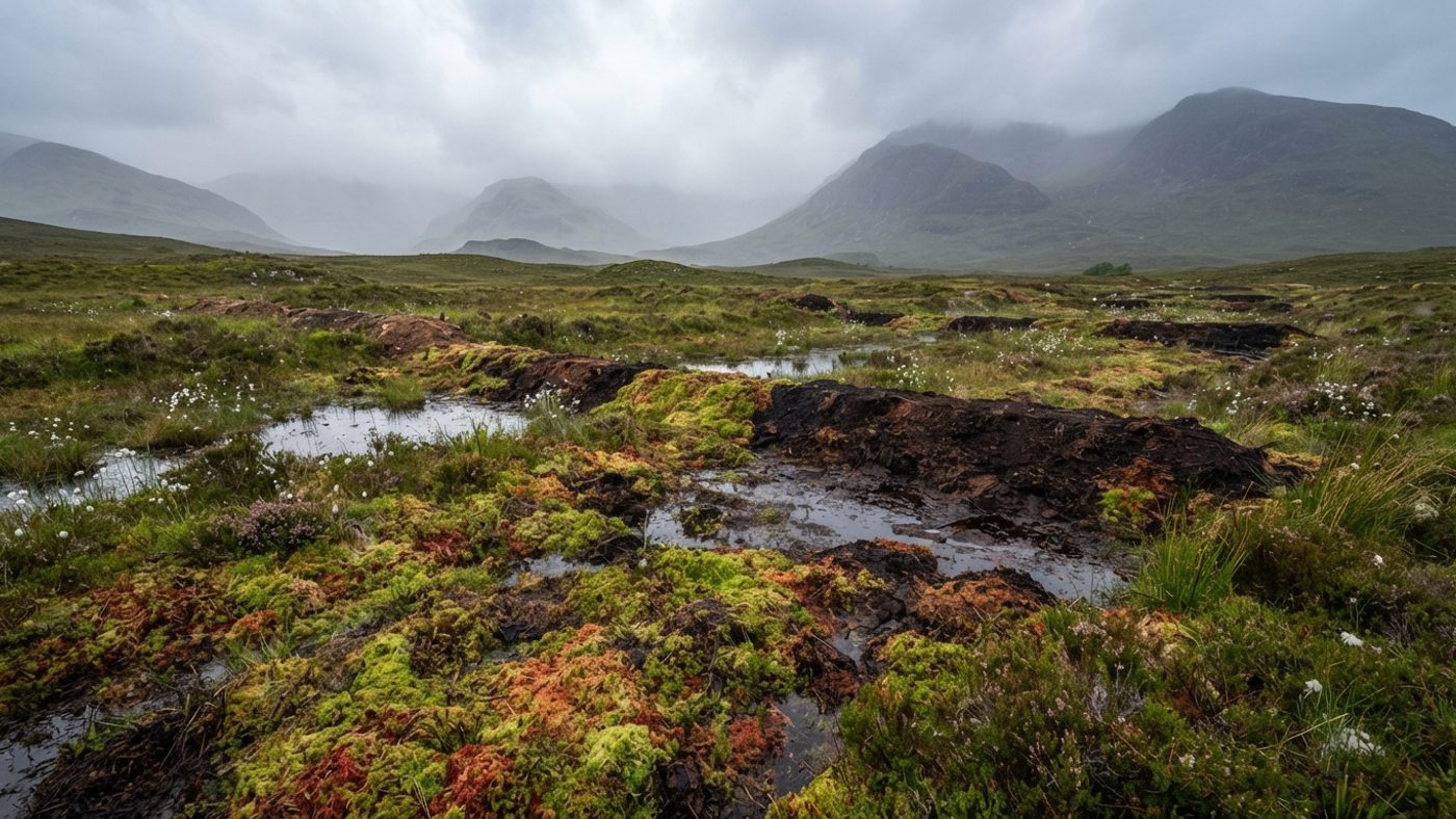 A Scottish upland peat bog undergoing restoration, damp re-wetted ground with sphagnum moss re-establishing and blocked drainage channels visible