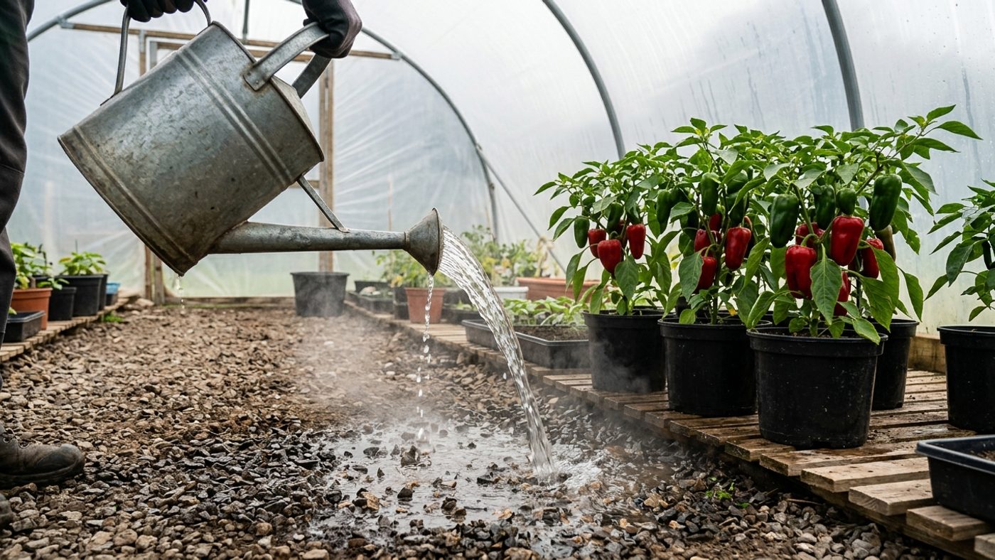 A watering can pouring water over a greenhouse floor to raise humidity around pepper plants on a hot day